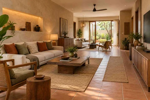 AI-generated living room design concept: long house living gallery, clay artisan direction