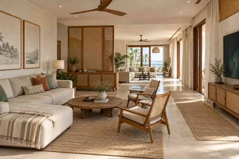 AI-generated living room design concept: long house living gallery, coastal woven direction