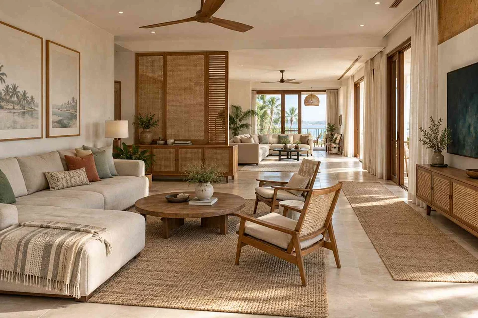 AI-generated living room design concept: long house living gallery, coastal woven direction