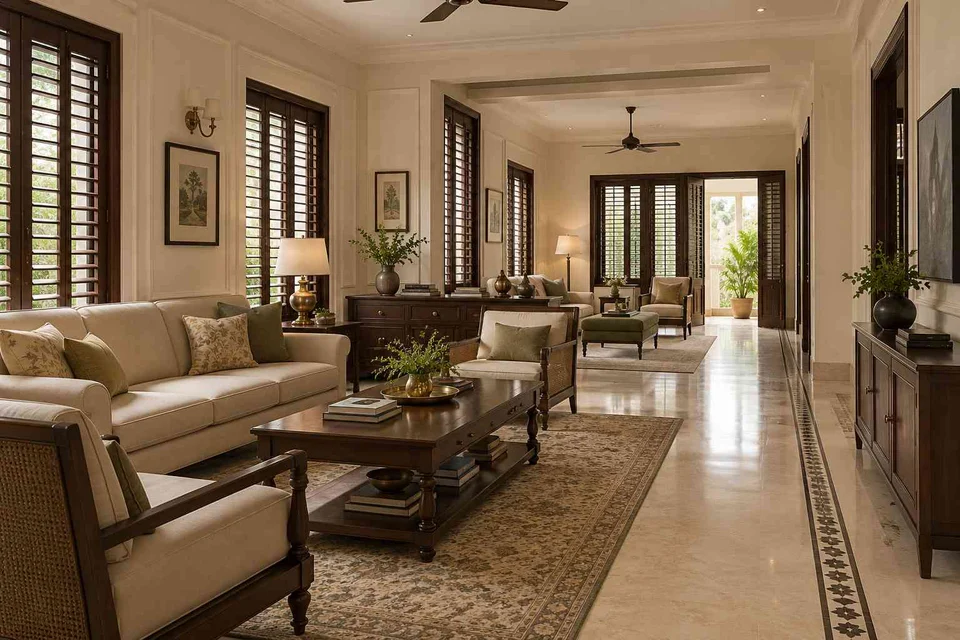 AI-generated living room design concept: long house living gallery, colonial quiet direction