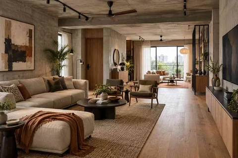 AI-generated living room design concept: long house living gallery, concrete and oak direction