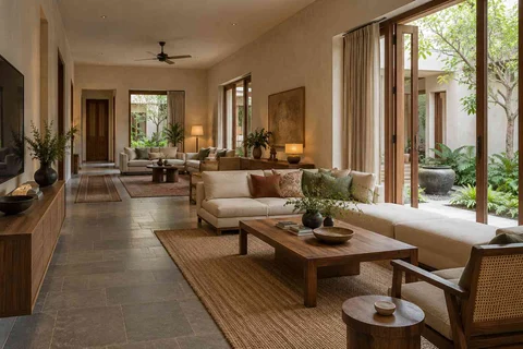 AI-generated living room design concept: long house living gallery, courtyard modern direction