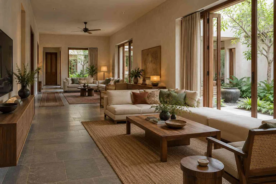 AI-generated living room design concept: long house living gallery, courtyard modern direction