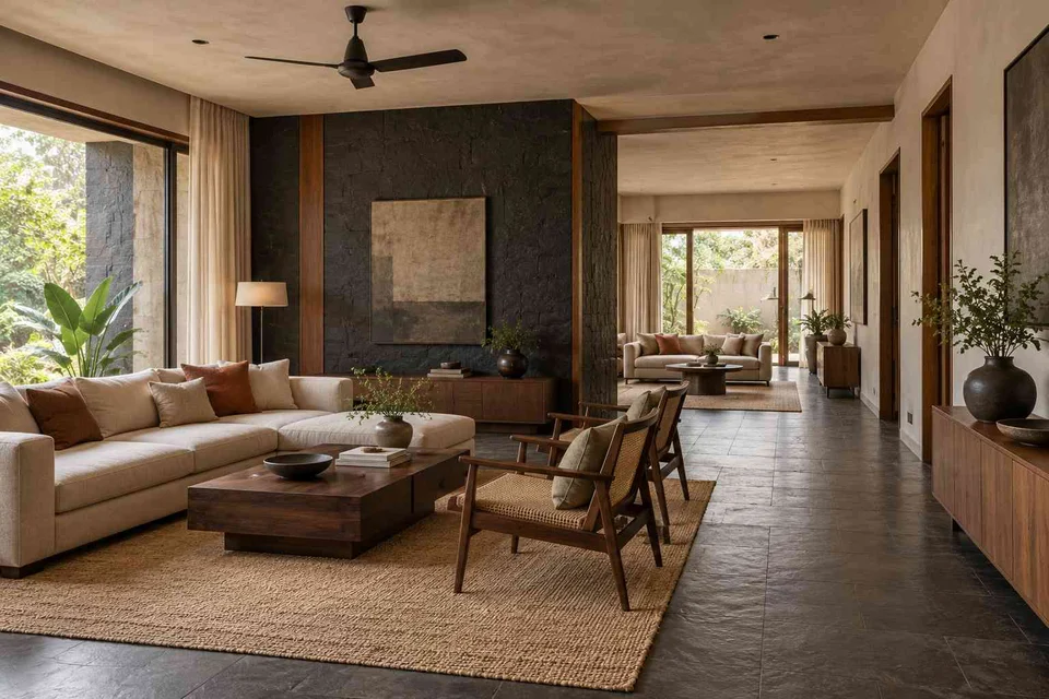 AI-generated living room design concept: long house living gallery, deccan stone direction