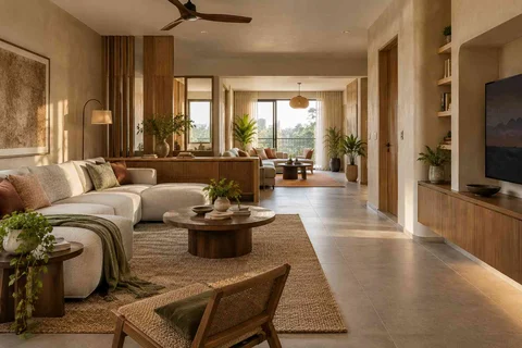 AI-generated living room design concept: long house living gallery, earth and bamboo direction