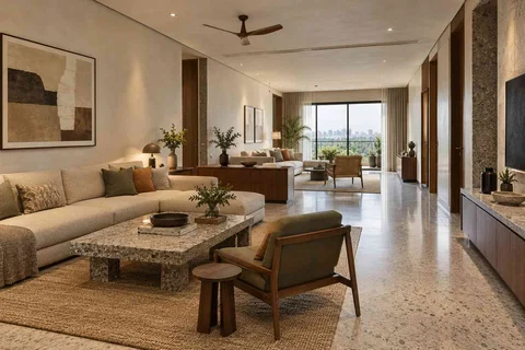 AI-generated living room design concept: long house living gallery, granite precision direction