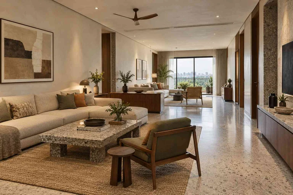 AI-generated living room design concept: long house living gallery, granite precision direction