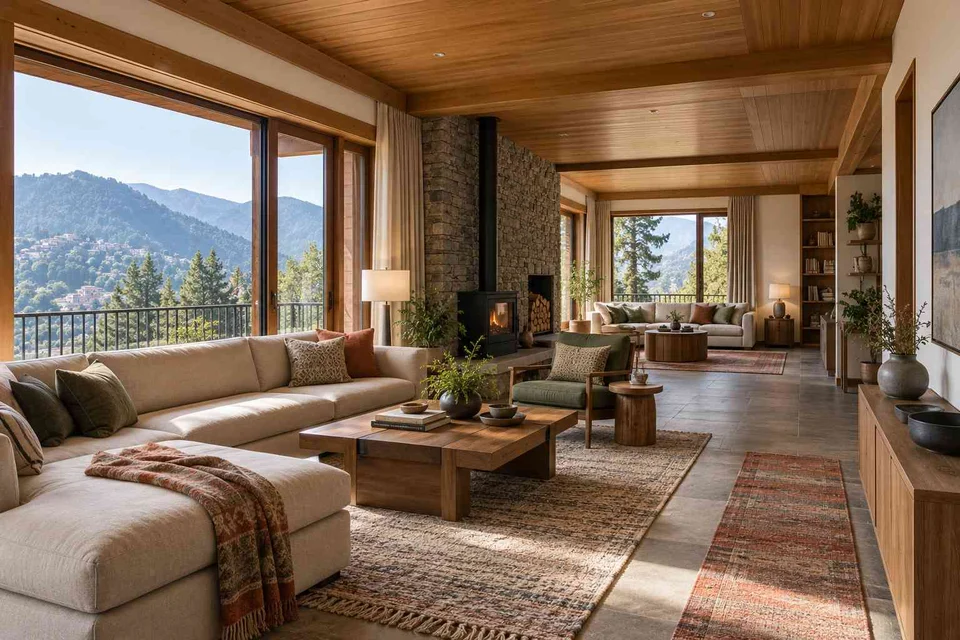 AI-generated living room design concept: long house living gallery, hill timber direction