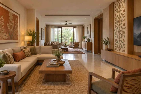 AI-generated living room design concept: long house living gallery, inlay atelier direction