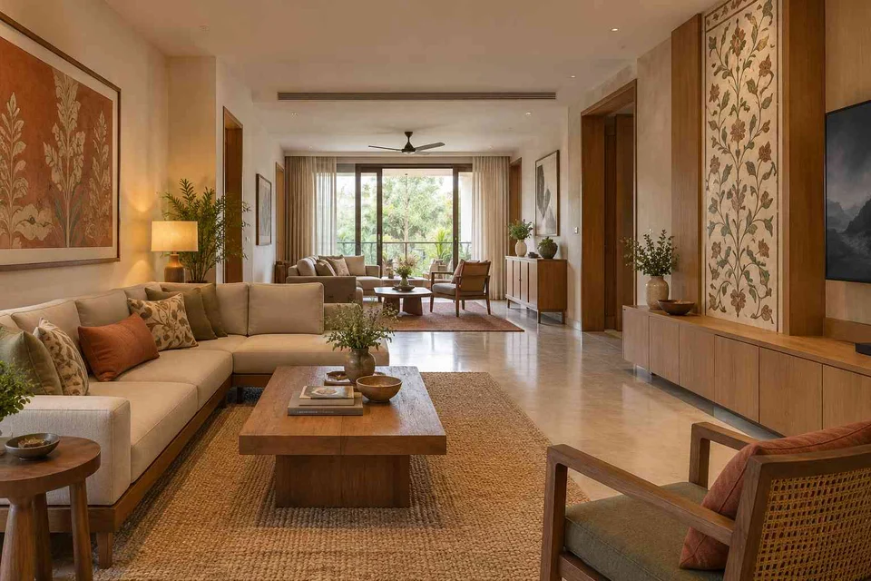 AI-generated living room design concept: long house living gallery, inlay atelier direction