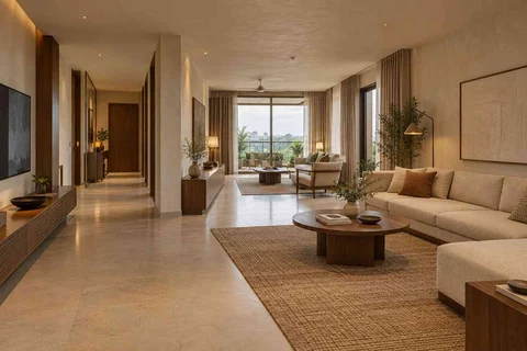AI-generated living room design concept: long house living gallery, lime and walnut direction