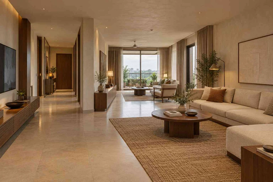 AI-generated living room design concept: long house living gallery, lime and walnut direction