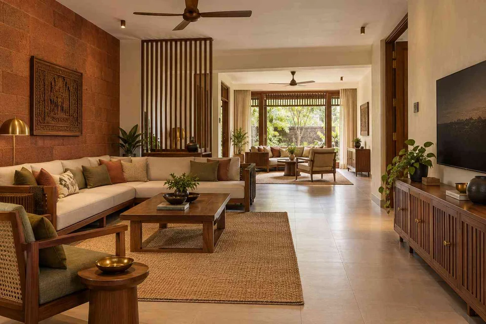 AI-generated living room design concept: long house living gallery, malabar timber direction