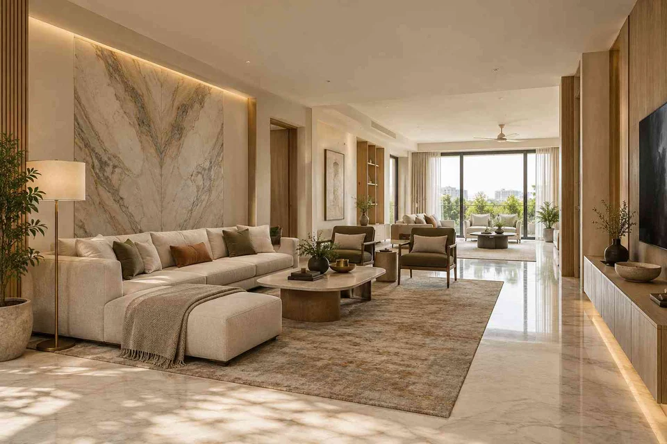 AI-generated living room design concept: long house living gallery, marble restraint direction