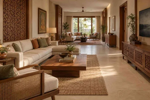 AI-generated living room design concept: long house living gallery, modern carved direction
