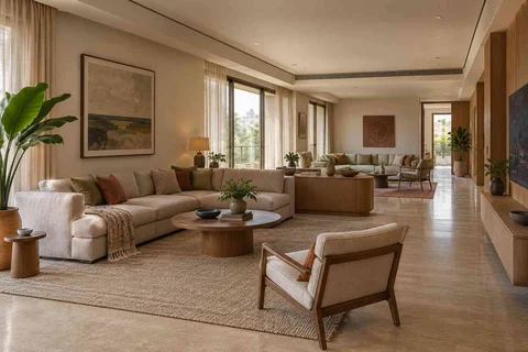 AI-generated living room design concept: long house living gallery, quiet contemporary direction