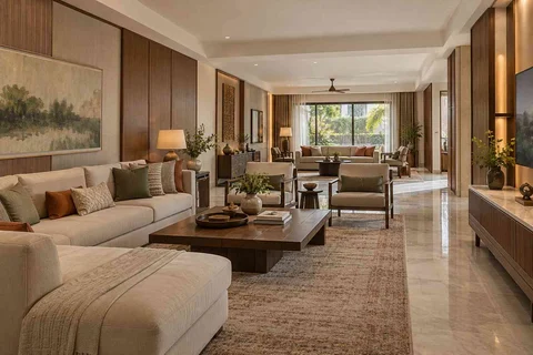 AI-generated living room design concept: long house living gallery, quiet transitional direction