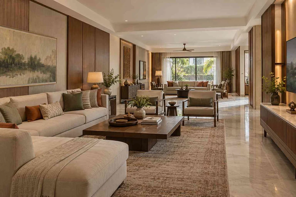 AI-generated living room design concept: long house living gallery, quiet transitional direction