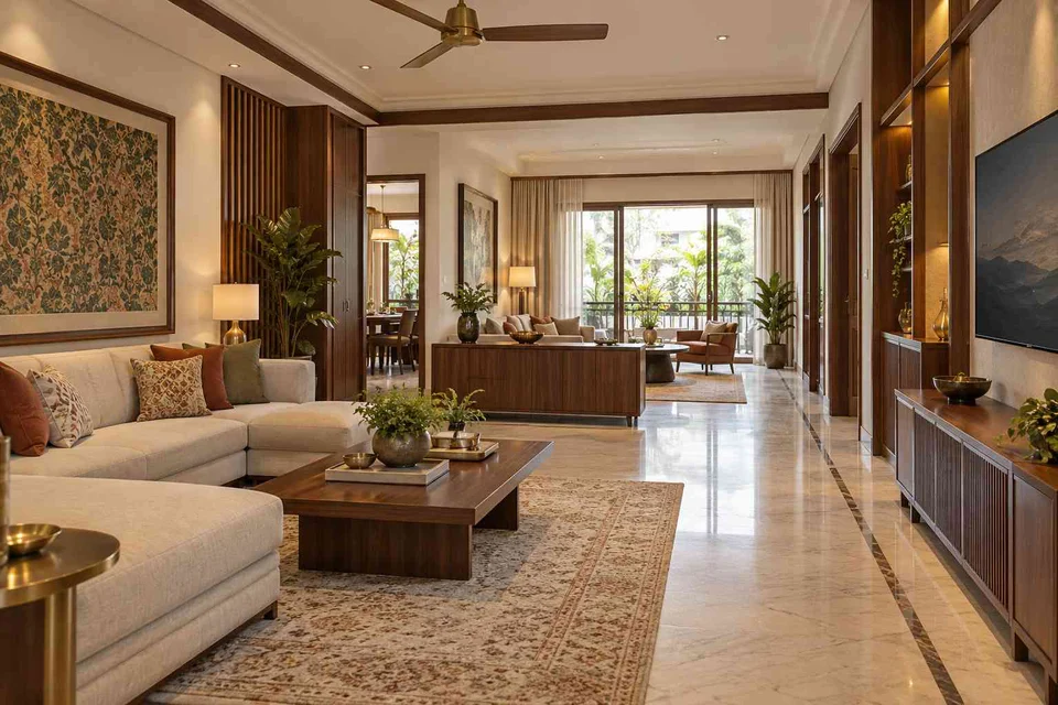 AI-generated living room design concept: long house living gallery, rosewood brass direction