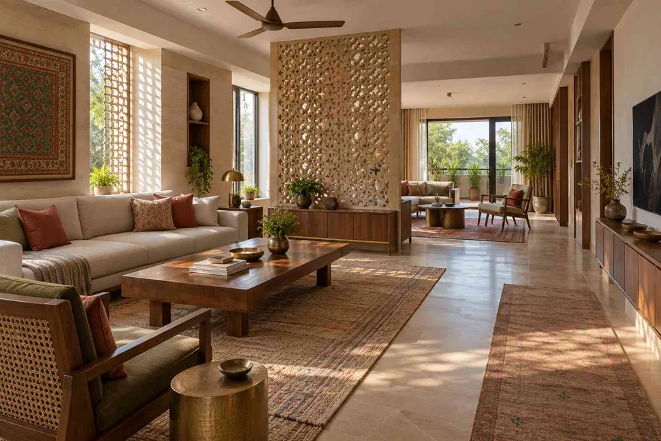AI-generated living room design concept: long house living gallery, sandstone lattice direction