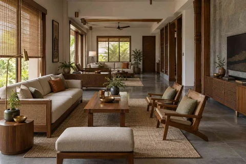 AI-generated living room design concept: long house living gallery, teak craft direction