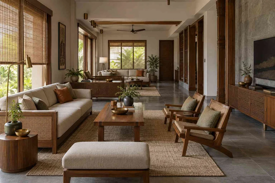AI-generated living room design concept: long house living gallery, teak craft direction