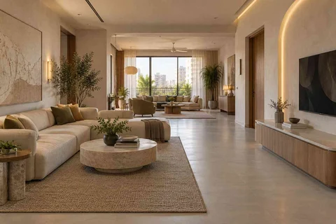 AI-generated living room design concept: long house living gallery, textured mineral direction