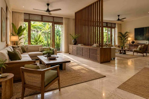 AI-generated living room design concept: long house living gallery, tropical slatted direction