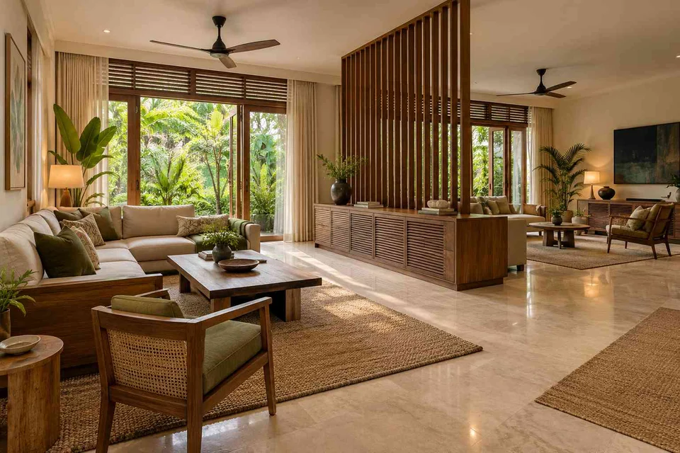 AI-generated living room design concept: long house living gallery, tropical slatted direction