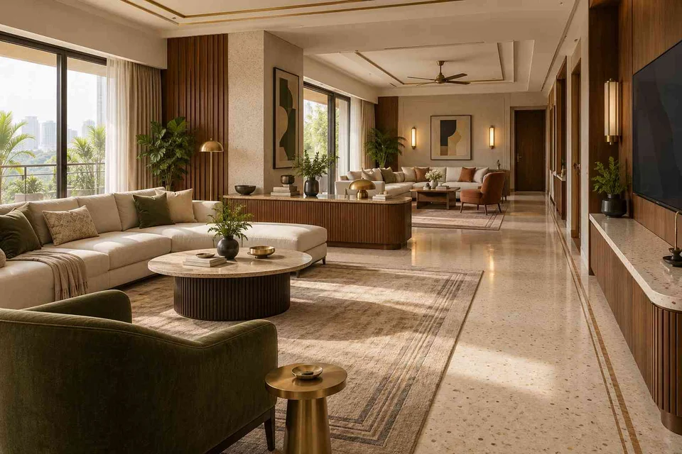 AI-generated living room design concept: long house living gallery, urban deco direction