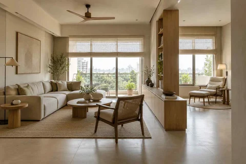 AI-generated living room design concept: lounge and reading bay, ash and linen direction