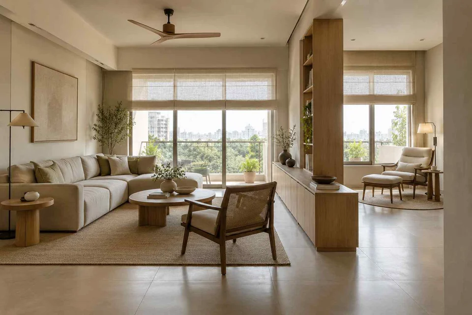 AI-generated living room design concept: lounge and reading bay, ash and linen direction