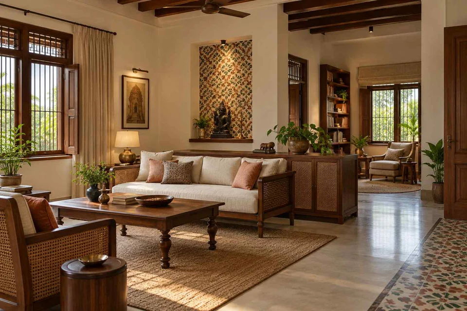 AI-generated living room design concept: lounge and reading bay, chettinad tile direction