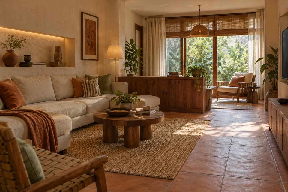 AI-generated living room design concept: lounge and reading bay, clay artisan direction