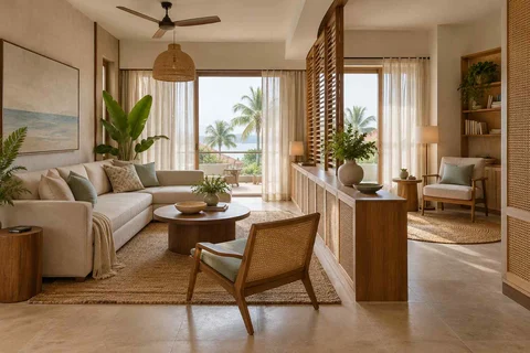 AI-generated living room design concept: lounge and reading bay, coastal woven direction