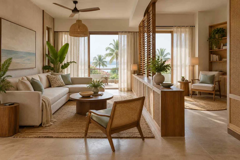 AI-generated living room design concept: lounge and reading bay, coastal woven direction