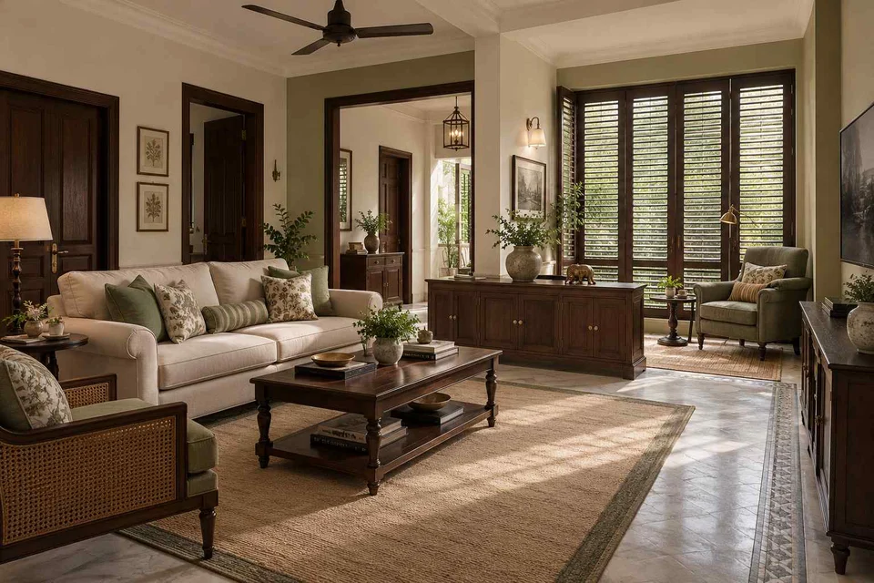 AI-generated living room design concept: lounge and reading bay, colonial quiet direction