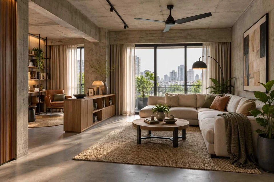 AI-generated living room design concept: lounge and reading bay, concrete and oak direction