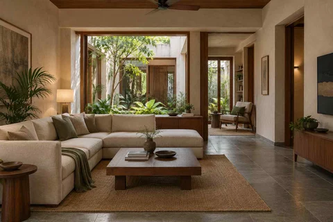 AI-generated living room design concept: lounge and reading bay, courtyard modern direction
