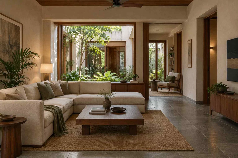 AI-generated living room design concept: lounge and reading bay, courtyard modern direction