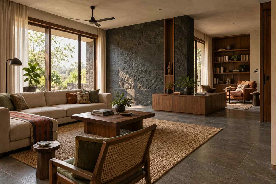 AI-generated living room design concept: lounge and reading bay, deccan stone direction