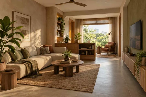 AI-generated living room design concept: lounge and reading bay, earth and bamboo direction