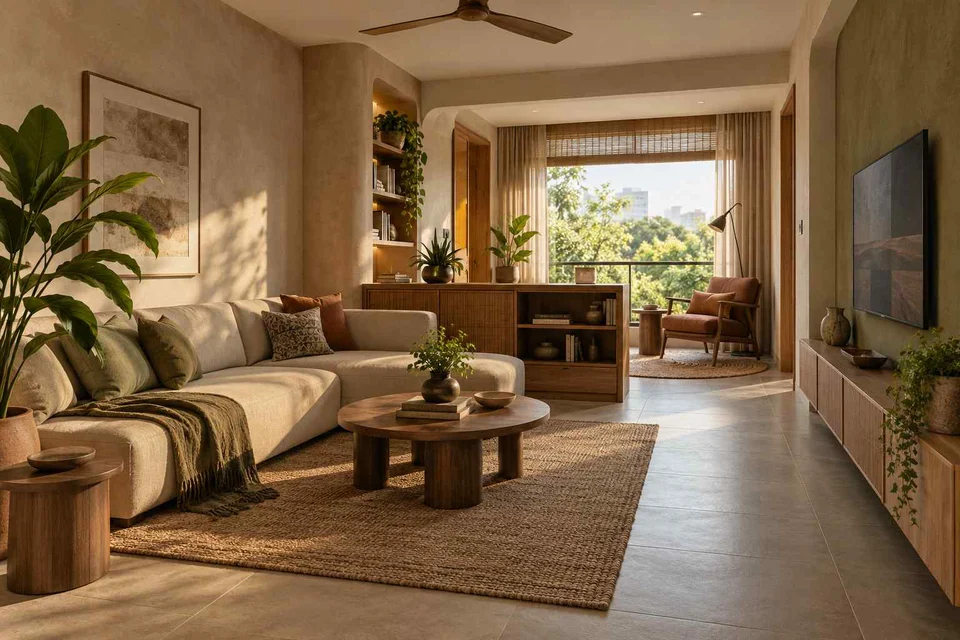 AI-generated living room design concept: lounge and reading bay, earth and bamboo direction
