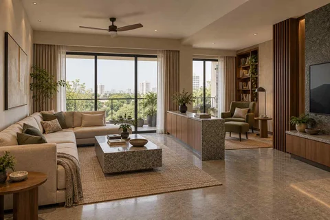 AI-generated living room design concept: lounge and reading bay, granite precision direction
