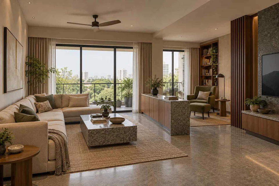 AI-generated living room design concept: lounge and reading bay, granite precision direction