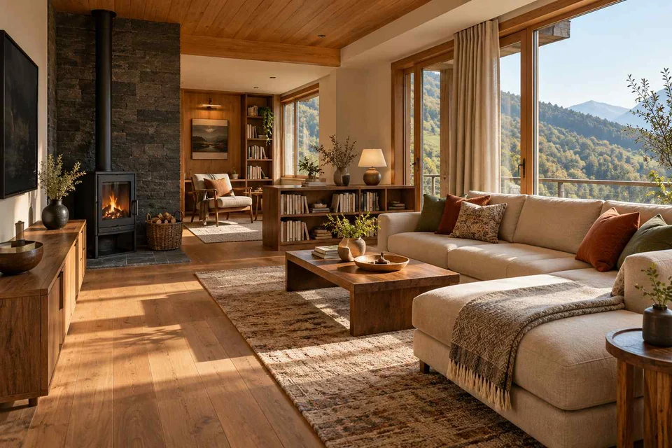AI-generated living room design concept: lounge and reading bay, hill timber direction
