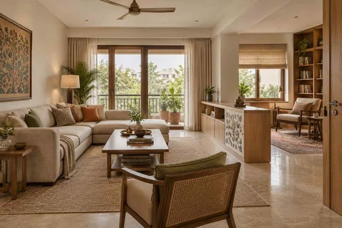 AI-generated living room design concept: lounge and reading bay, inlay atelier direction