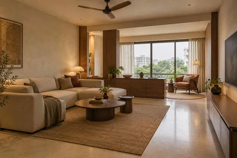 AI-generated living room design concept: lounge and reading bay, lime and walnut direction