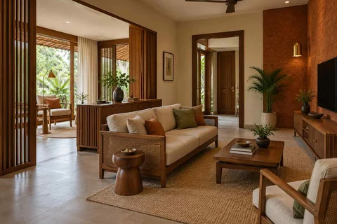 AI-generated living room design concept: lounge and reading bay, malabar timber direction