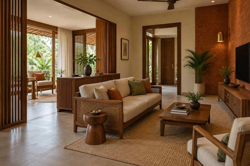 AI-generated living room design concept: lounge and reading bay, malabar timber direction